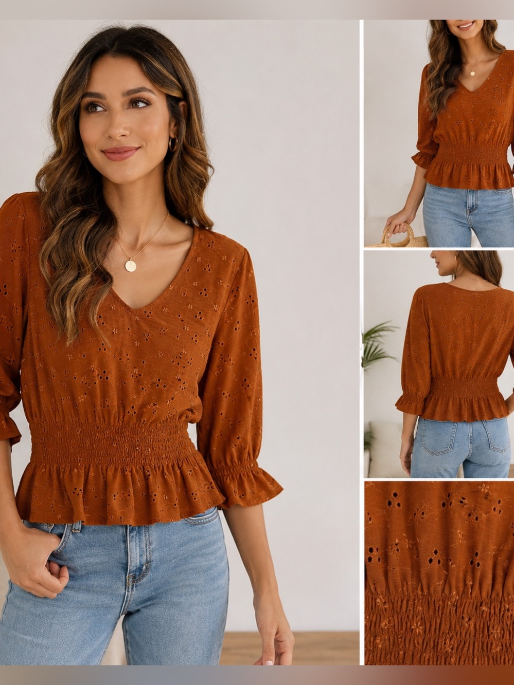 Blue Rain Rust Orange Eyelet Peplum Top Boho Cottagecore Smocked Waist Large